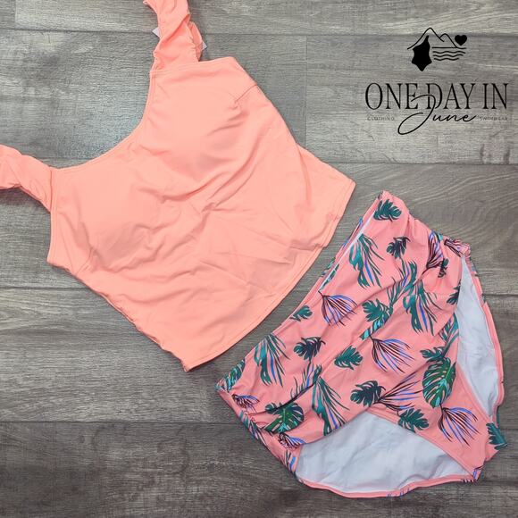 Eomenie Plus Size Ruffle Shoulder Tankini Swimsuit Size 2XL - Picture 3 of 7